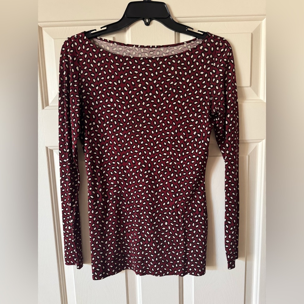 Diane Von Furstenberg silk blend long sleeve burgundy top with spotted patterns.